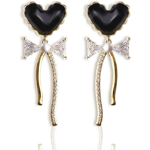 Women's Heart Black Dangle Sparkly Cubic Zirconia Crystal Rhinestone Earring - Picture 2 of 7